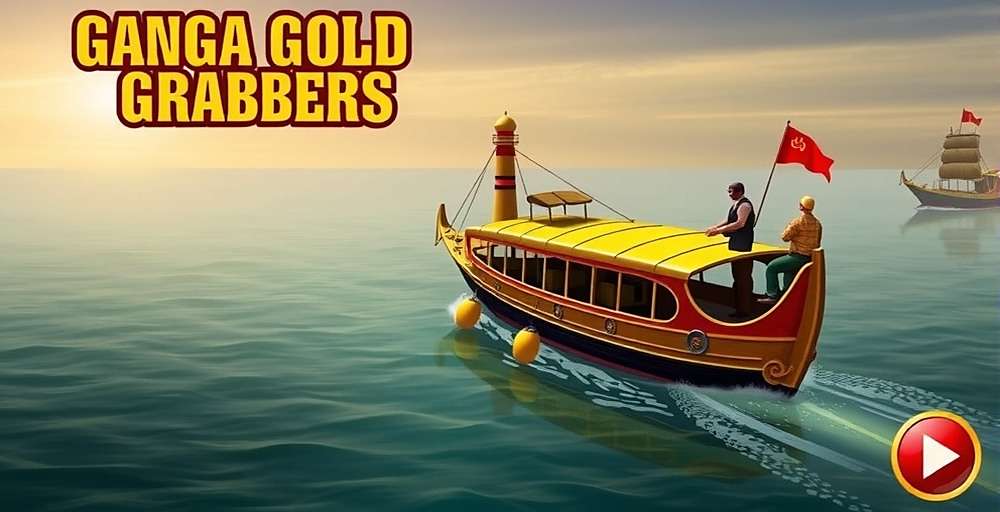 Ganga Gold Grabbers - River Adventure Game Ganga Gold Grabbers game screenshot showing a boat navigating the Ganges river with treasure hunters