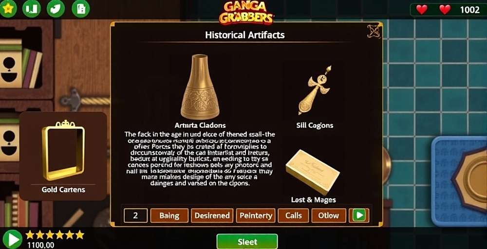 Historical artifacts in Ganga Gold Grabbers Ganga Gold Grabbers screenshot showing historical artifacts collection screen with detailed descriptions