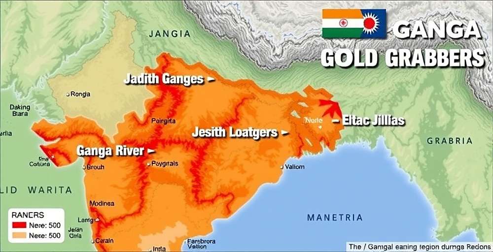 Regions to explore in Ganga Gold Grabbers Map of India showing the Ganges river with marked regions for exploration in Ganga Gold Grabbers